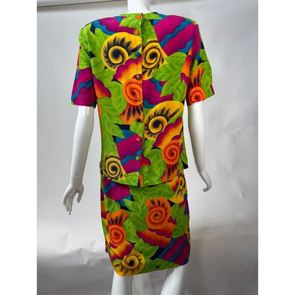 Evan-Picone Petites Size 2 & 4 Vintage 90s Acid Green Silk Floral Two-Piece Skir - Picture 3 of 16